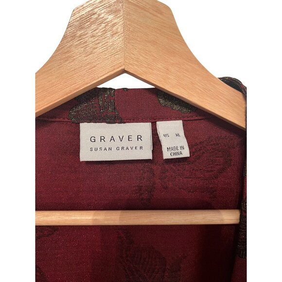 Susan Graver Burgundy & Black Floral Button-Front Long Cardigan Blouse Womens XL - Picture 3 of 5